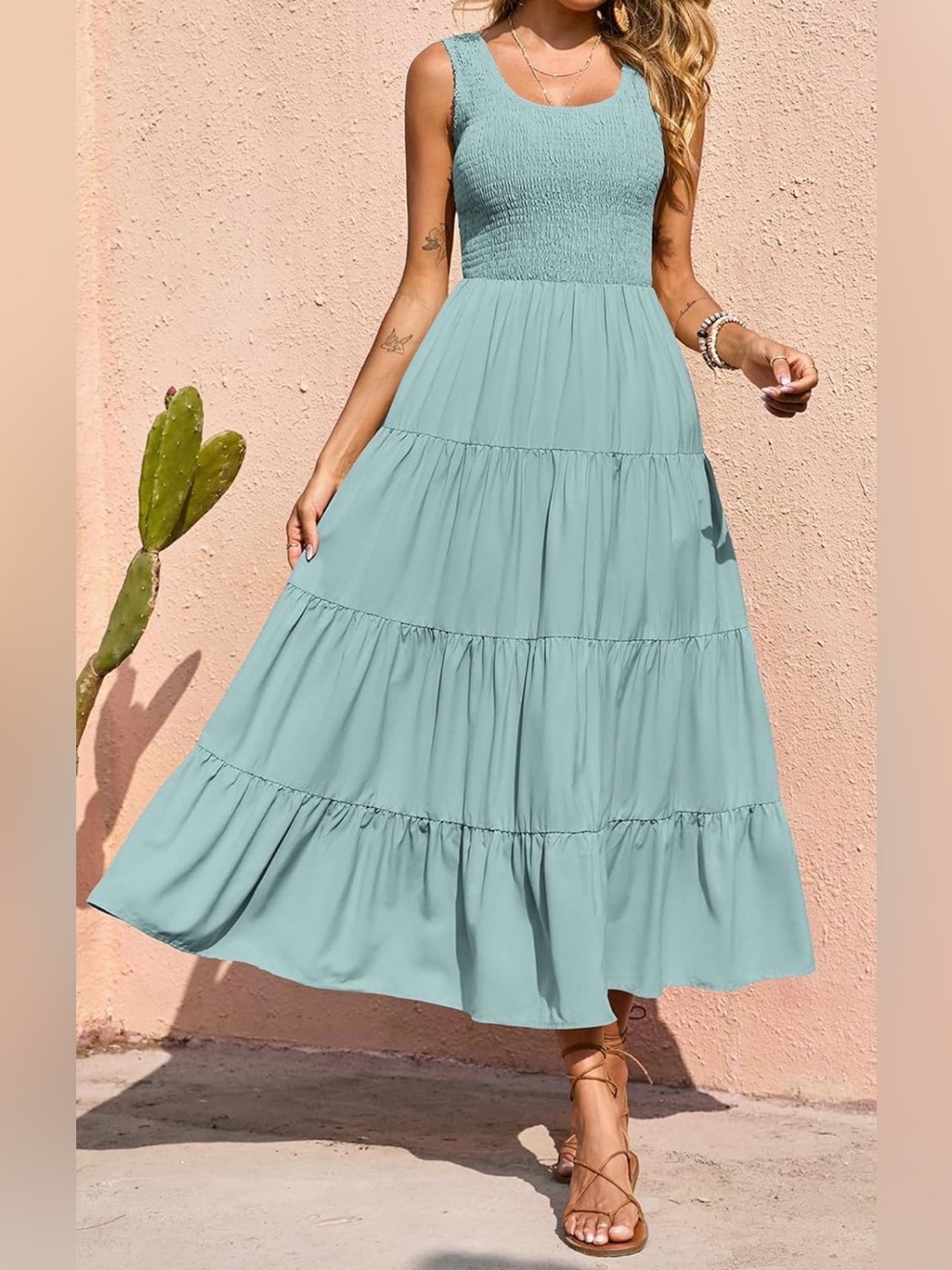 Pretty Garden Light Blue Stretchy Smocked Tiered Midi Dress